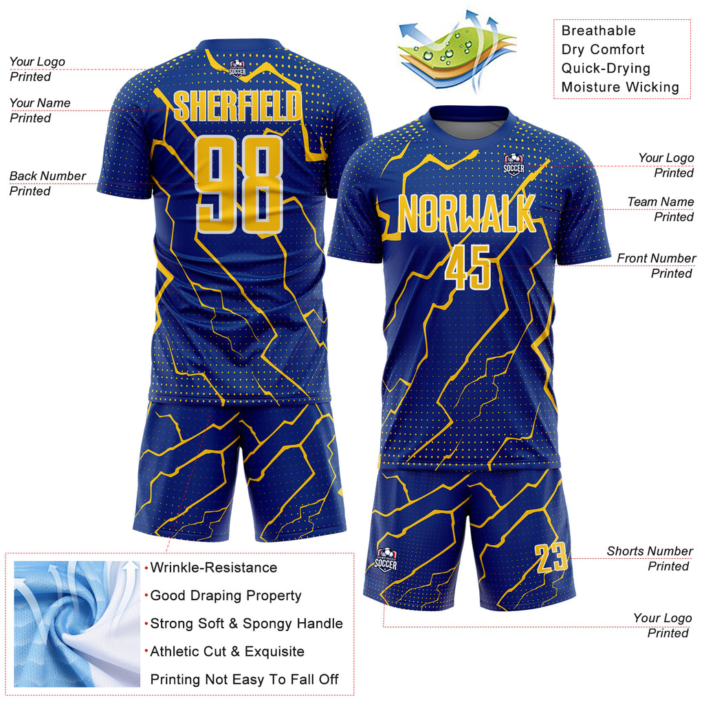 Custom Royal Yellow-White Lightning Sports Sublimation Soccer Uniform Jersey