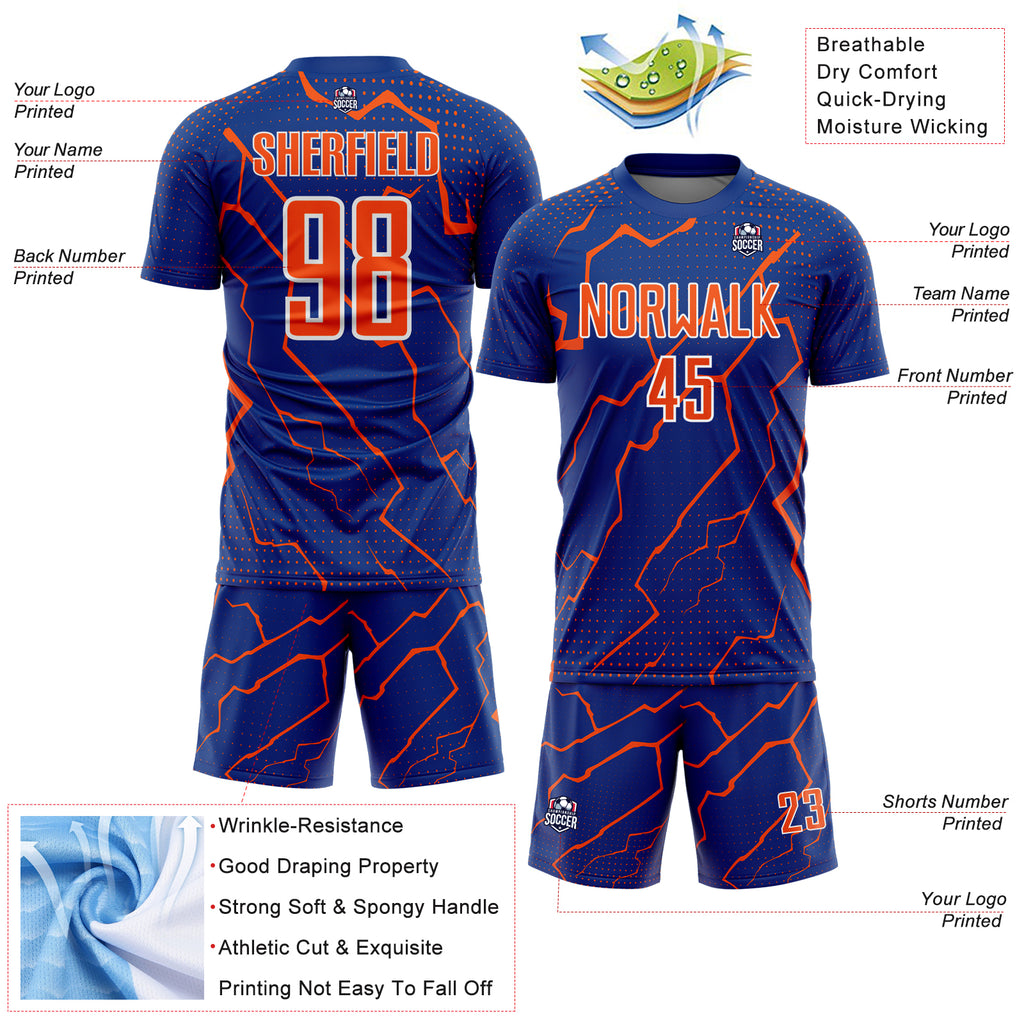 Custom Royal Orange-White Lightning Sports Sublimation Soccer Uniform Jersey