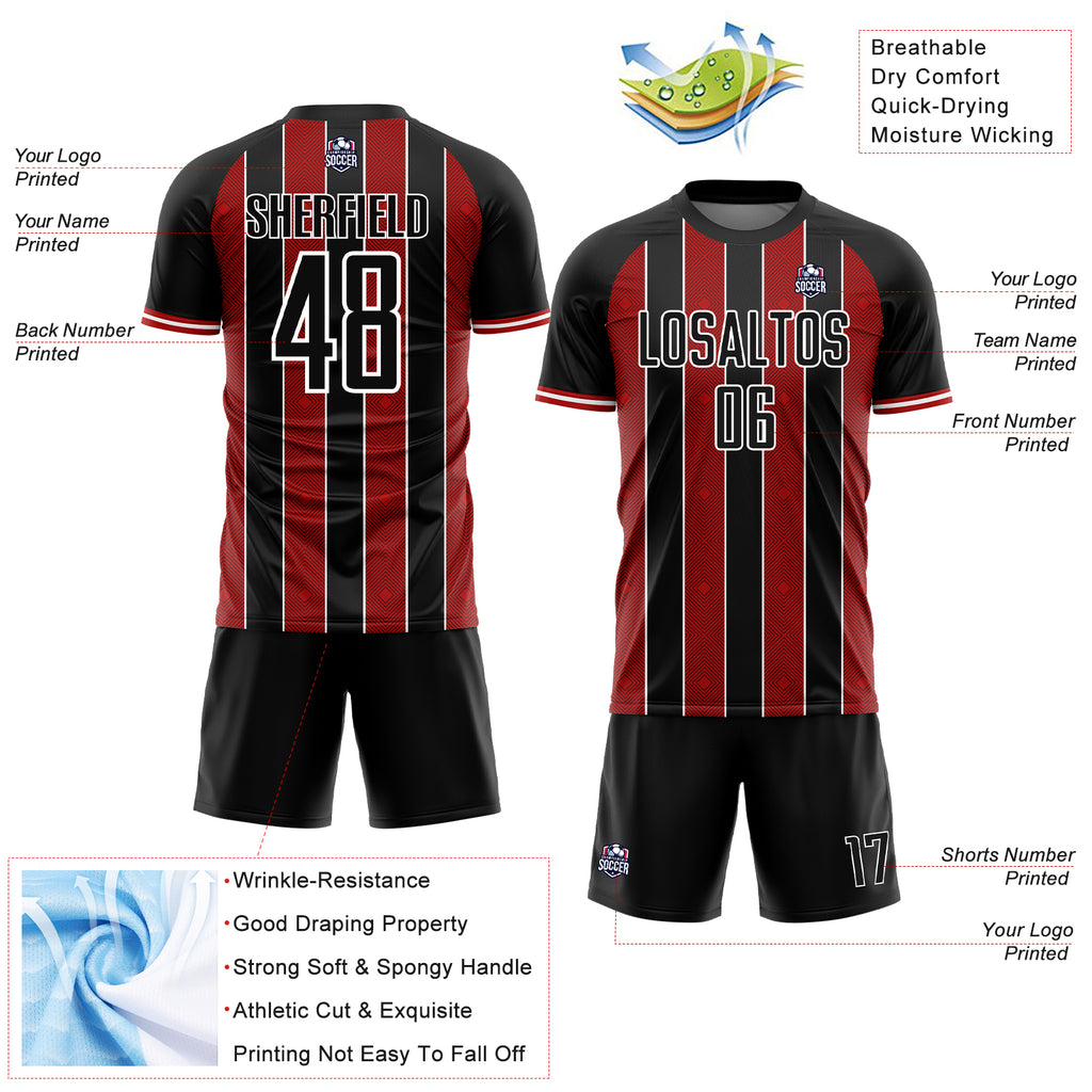 Custom Black Red-White Pinstripe Line Sports Sublimation Soccer Uniform Jersey