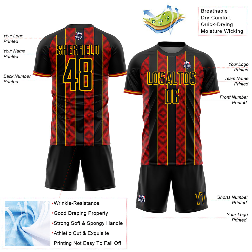 Custom Black Red-Gold Pinstripe Line Sports Sublimation Soccer Uniform Jersey