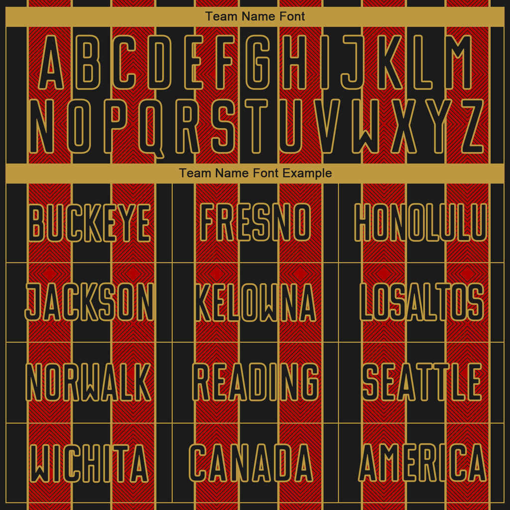 Custom Black Red-Old Gold Pinstripe Line Sports Sublimation Soccer Uniform Jersey