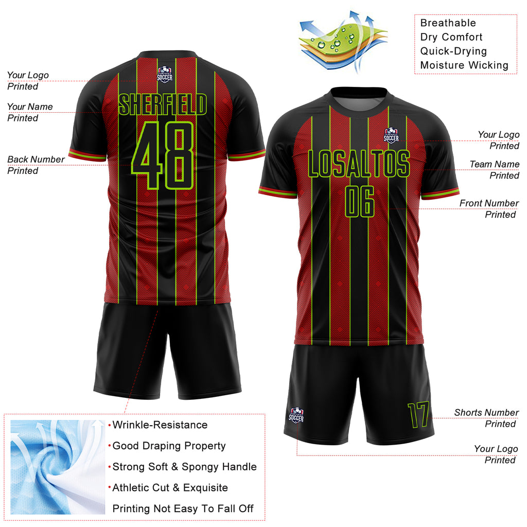 Custom Black Red-Neon Green Pinstripe Line Sports Sublimation Soccer Uniform Jersey