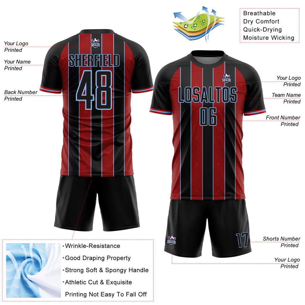 Custom Black Red-Light Blue Pinstripe Line Sports Sublimation Soccer Uniform Jersey