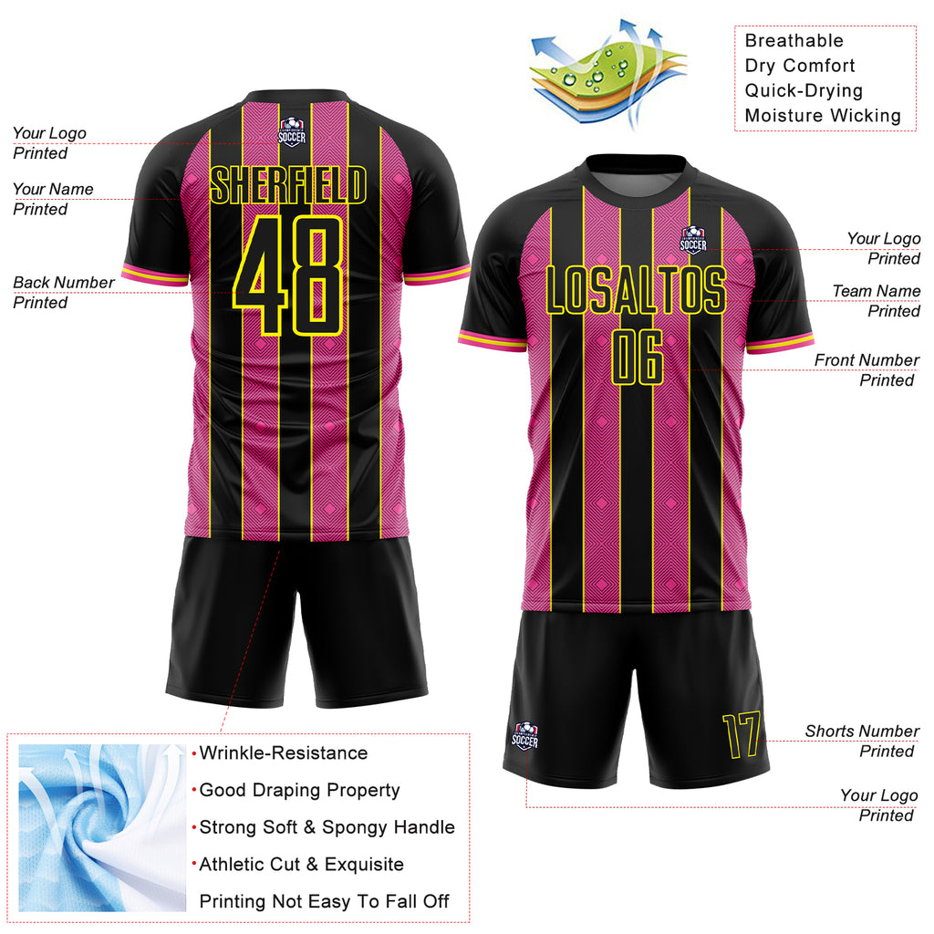 Custom Black Pink-Light Yellow Pinstripe Line Sports Sublimation Soccer Uniform Jersey