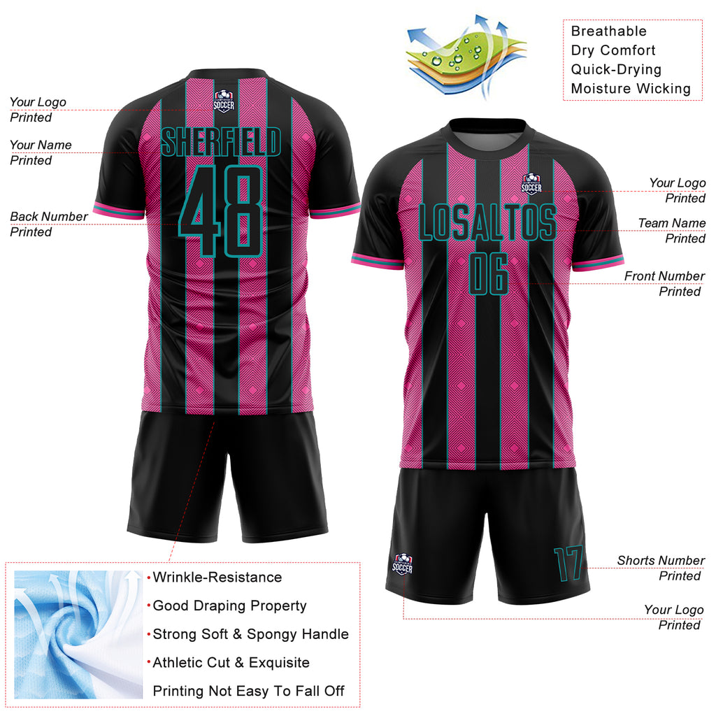 Custom Black Pink-Teal Pinstripe Line Sports Sublimation Soccer Uniform Jersey