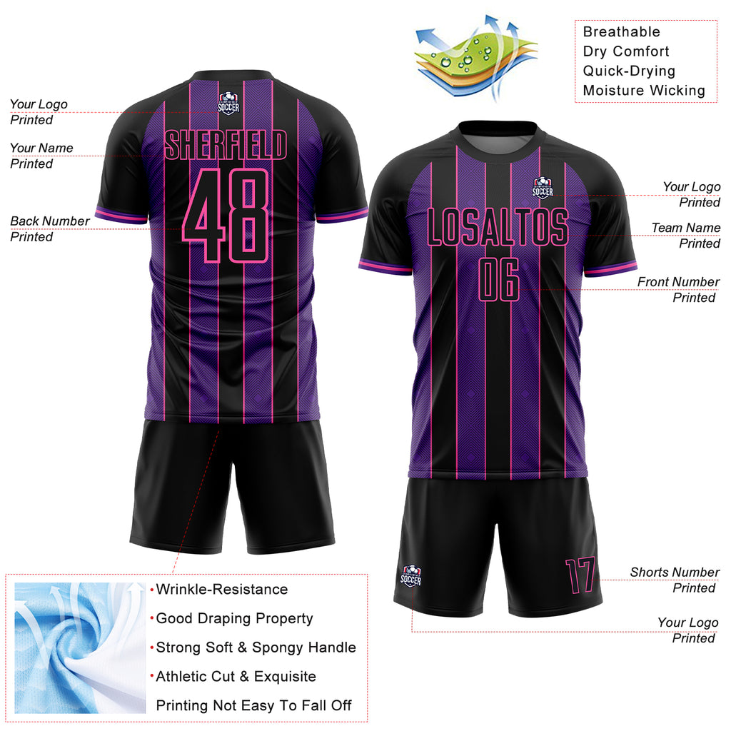 Custom Black Purple-Pink Pinstripe Line Sports Sublimation Soccer Uniform Jersey