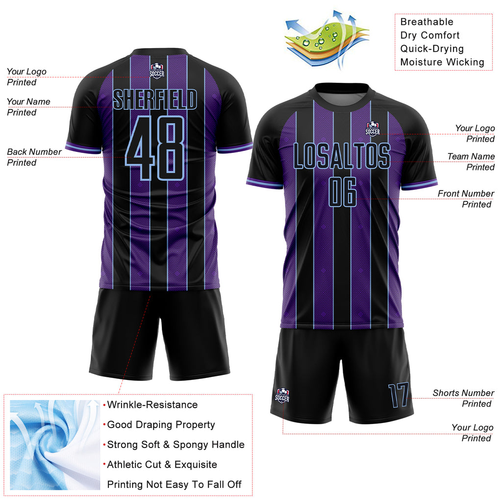 Custom Black Purple-Light Blue Pinstripe Line Sports Sublimation Soccer Uniform Jersey