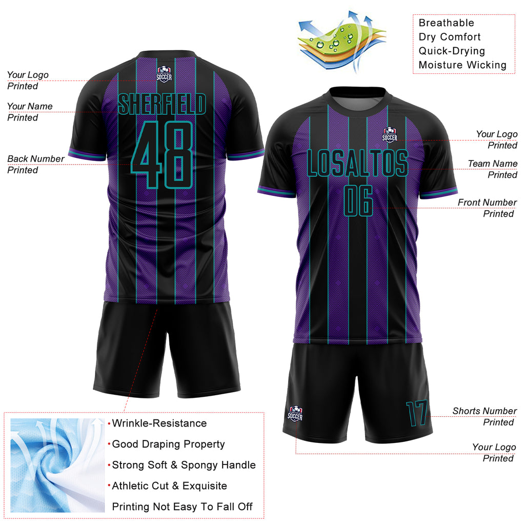 Custom Black Purple-Teal Pinstripe Line Sports Sublimation Soccer Uniform Jersey