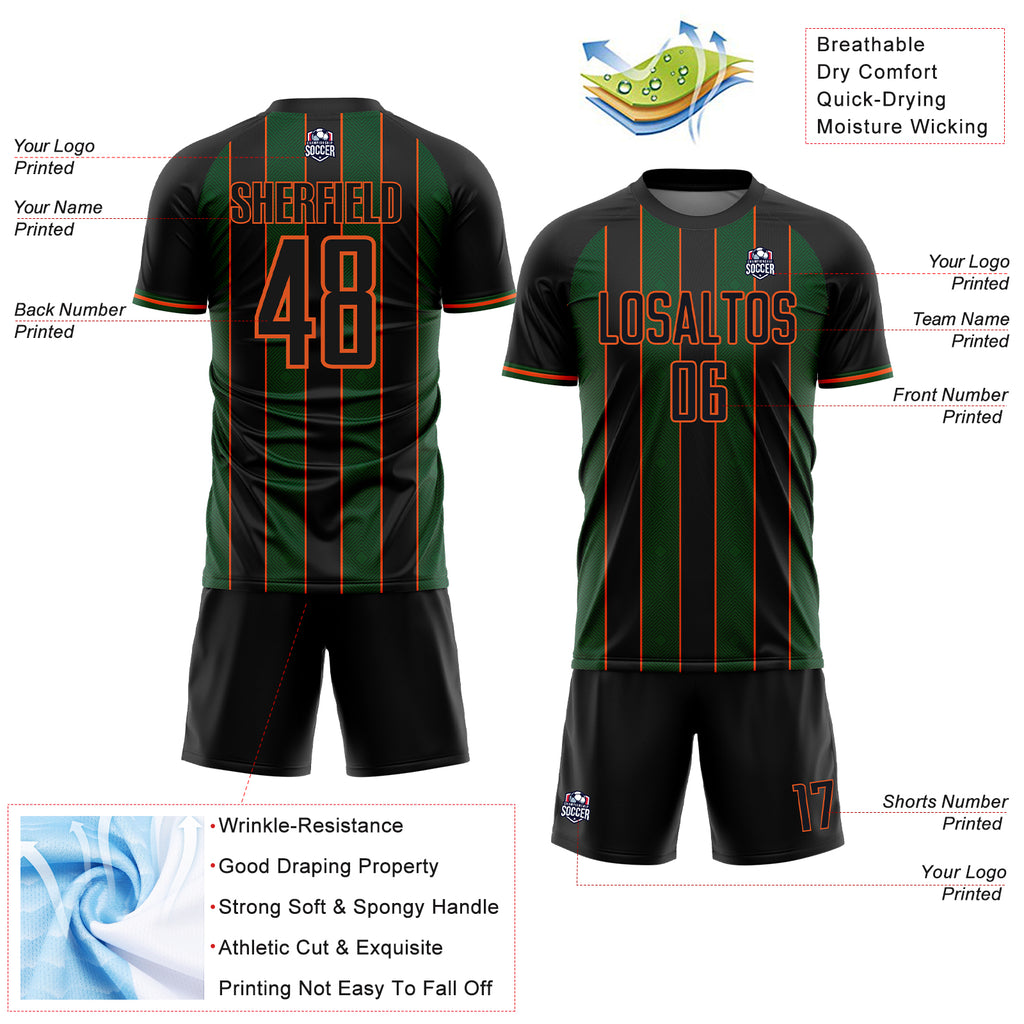 Custom Black Green-Orange Pinstripe Line Sports Sublimation Soccer Uniform Jersey