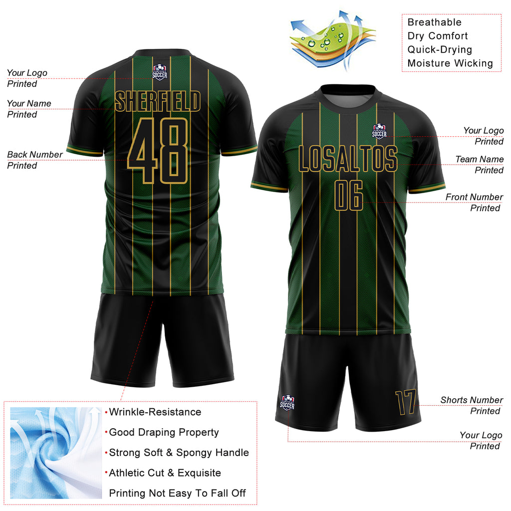 Custom Black Green-Old Gold Pinstripe Line Sports Sublimation Soccer Uniform Jersey