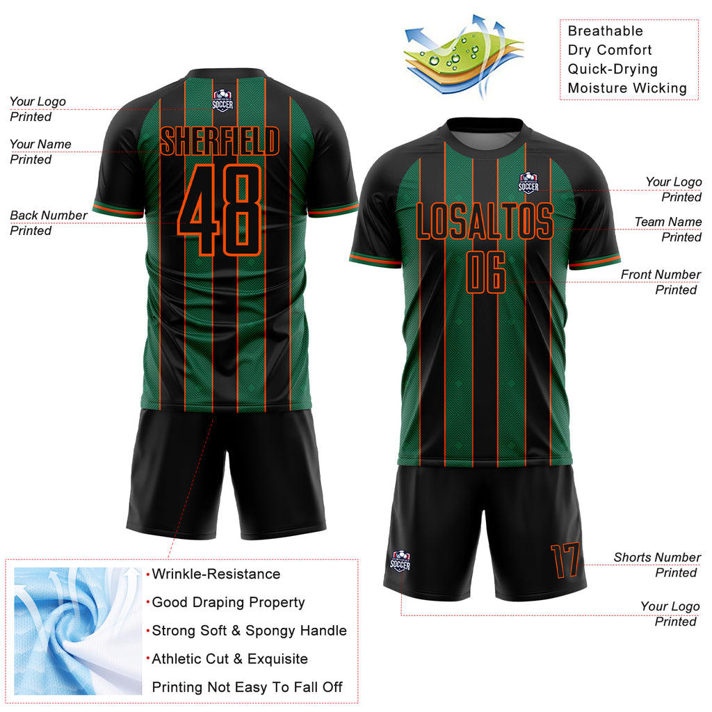 Custom Black Kelly Green-Orange Pinstripe Line Sports Sublimation Soccer Uniform Jersey