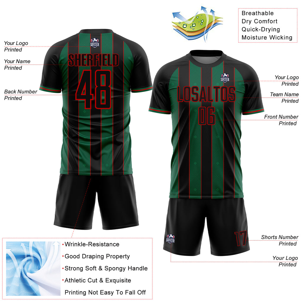 Custom Black Kelly Green-Red Pinstripe Line Sports Sublimation Soccer Uniform Jersey