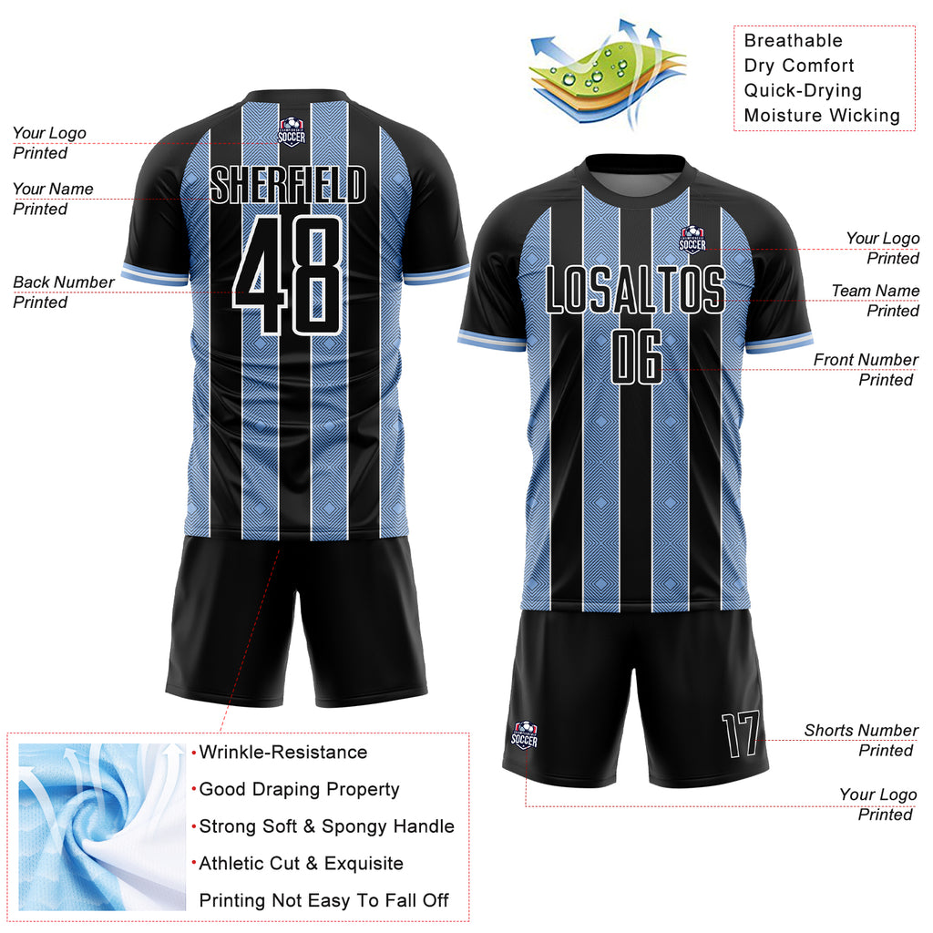 Custom Black Light Blue-White Pinstripe Line Sports Sublimation Soccer Uniform Jersey