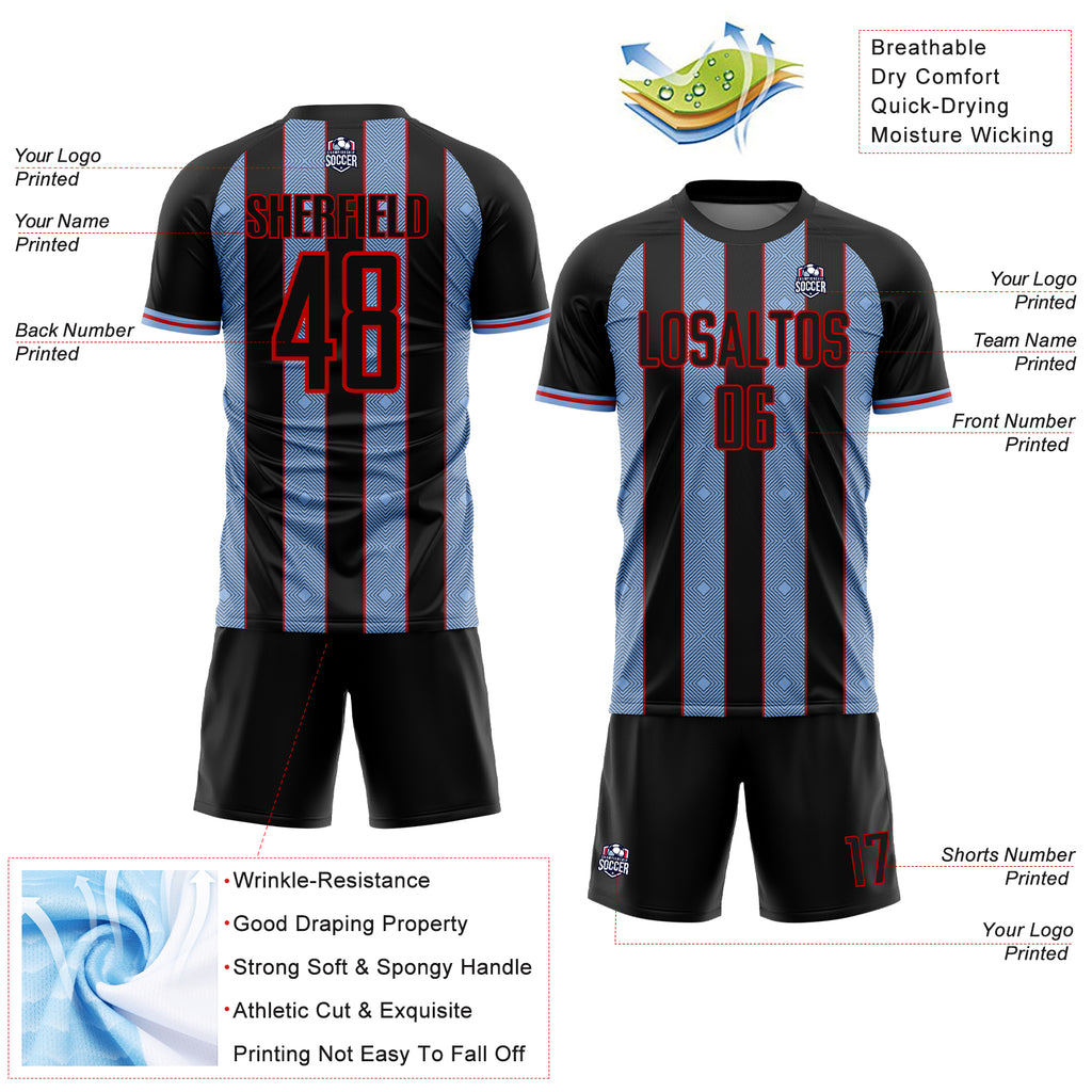 Custom Black Light Blue-Red Pinstripe Line Sports Sublimation Soccer Uniform Jersey