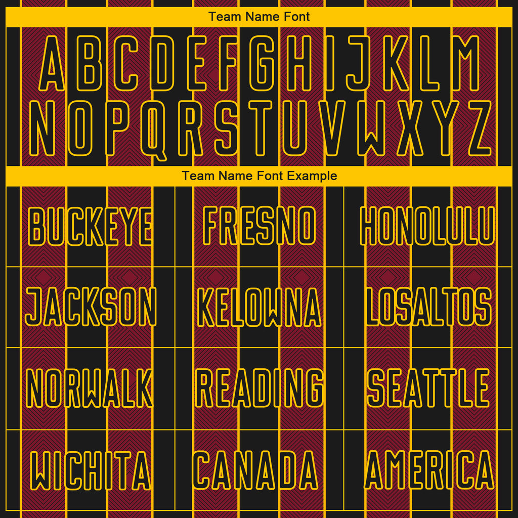 Custom Black Crimson-Gold Pinstripe Line Sports Sublimation Soccer Uniform Jersey