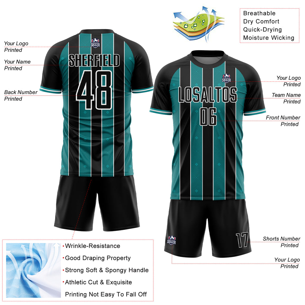 Custom Black Teal-White Pinstripe Line Sports Sublimation Soccer Uniform Jersey