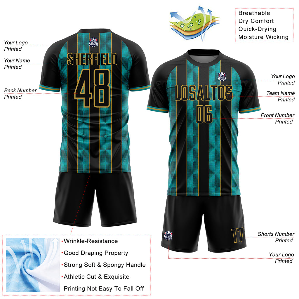 Custom Black Teal-Old Gold Pinstripe Line Sports Sublimation Soccer Uniform Jersey
