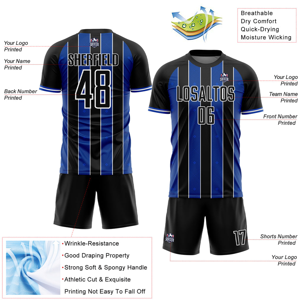 Custom Black Thunder Blue-White Pinstripe Line Sports Sublimation Soccer Uniform Jersey