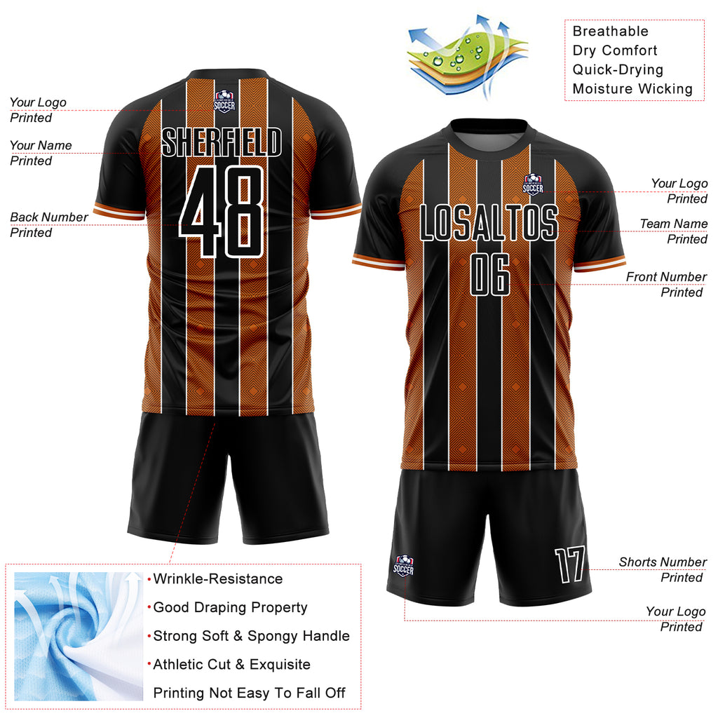 Custom Black Texas Orange-White Pinstripe Line Sports Sublimation Soccer Uniform Jersey