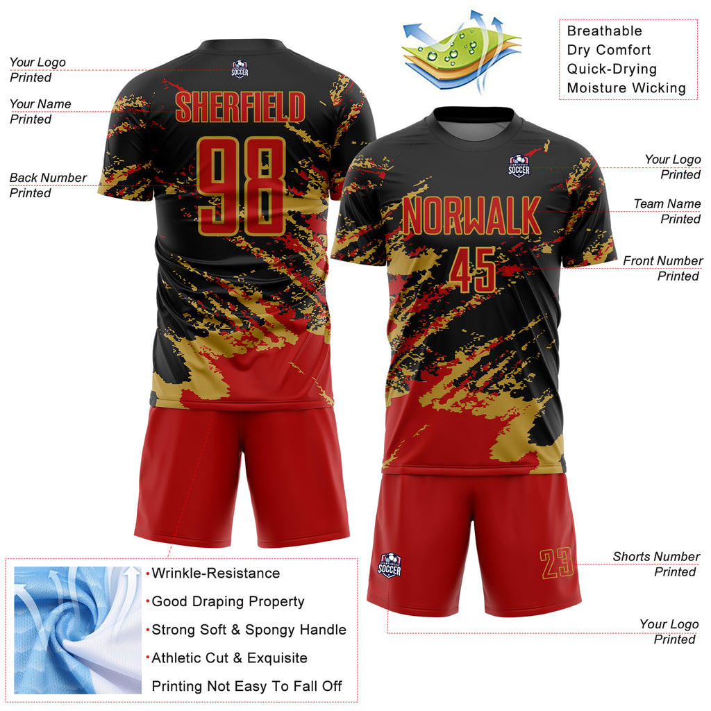 Custom Black Red-Old Gold Abstract Fragment Art Splash Sports Sublimation Soccer Uniform Jersey