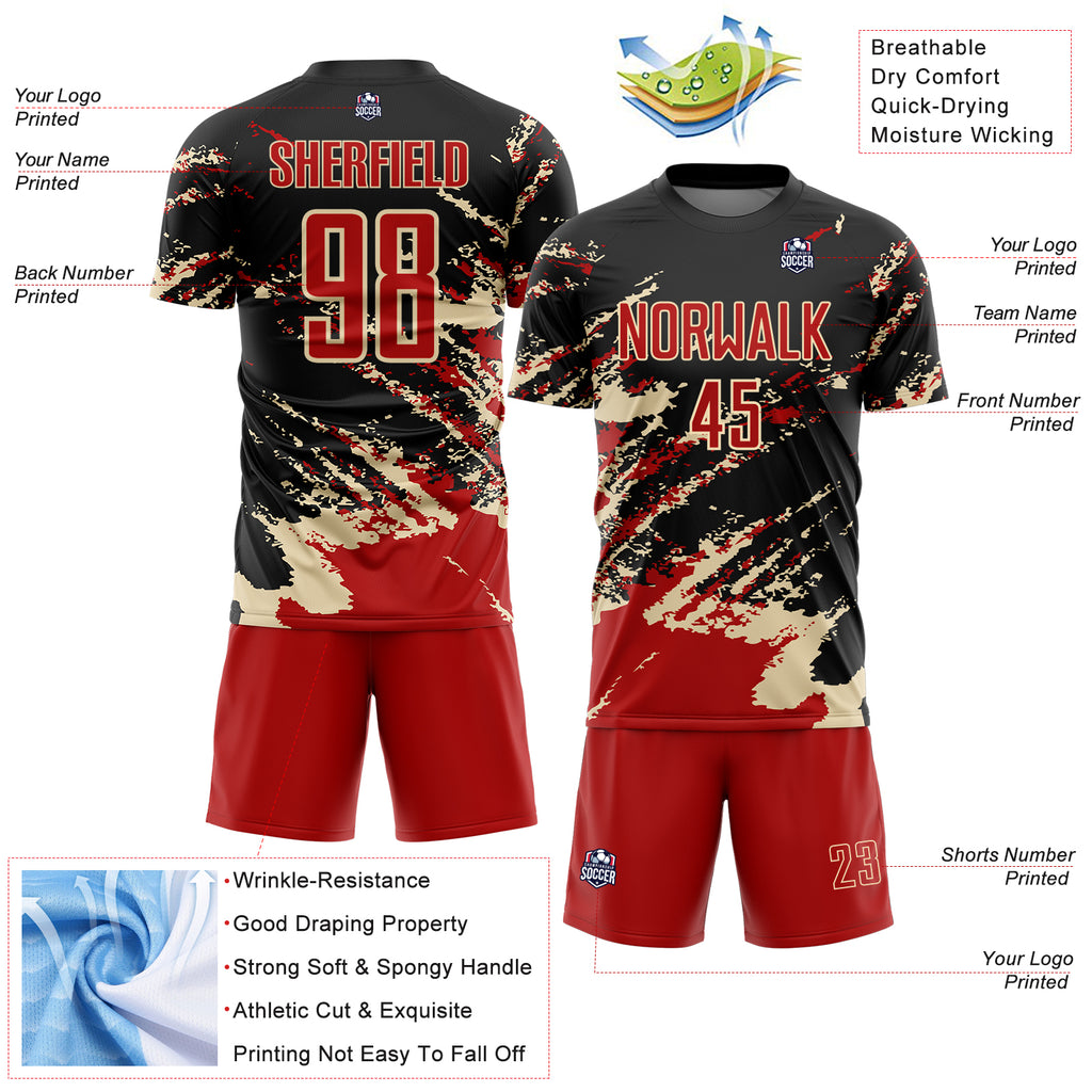 Custom Black Red-Cream Abstract Fragment Art Splash Sports Sublimation Soccer Uniform Jersey