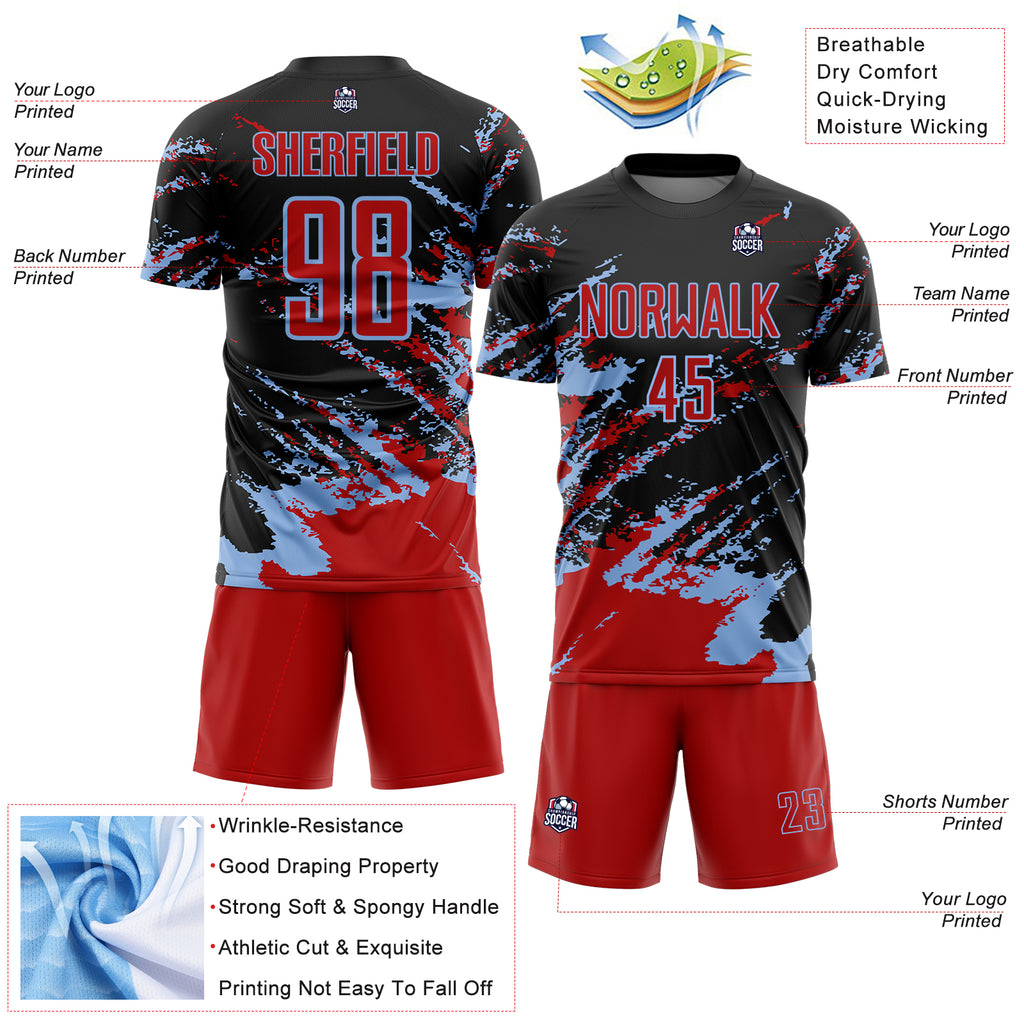 Custom Black Red-Light Blue Abstract Fragment Art Splash Sports Sublimation Soccer Uniform Jersey