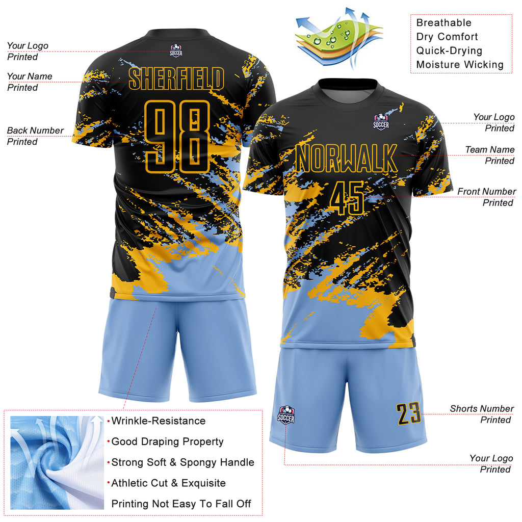 Custom Black Light Blue-Gold Abstract Fragment Art Splash Sports Sublimation Soccer Uniform Jersey