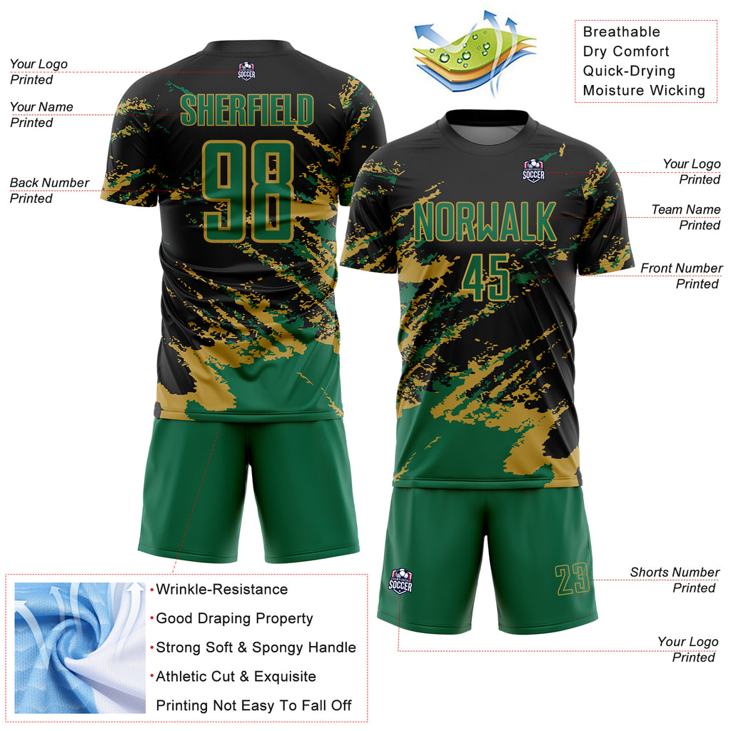 Custom Black Kelly Green-Old Gold Abstract Fragment Art Splash Sports Sublimation Soccer Uniform Jersey