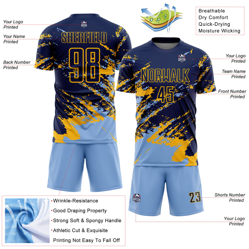 Custom Navy Light Blue-Gold Abstract Fragment Art Splash Sports Sublimation Soccer Uniform Jersey