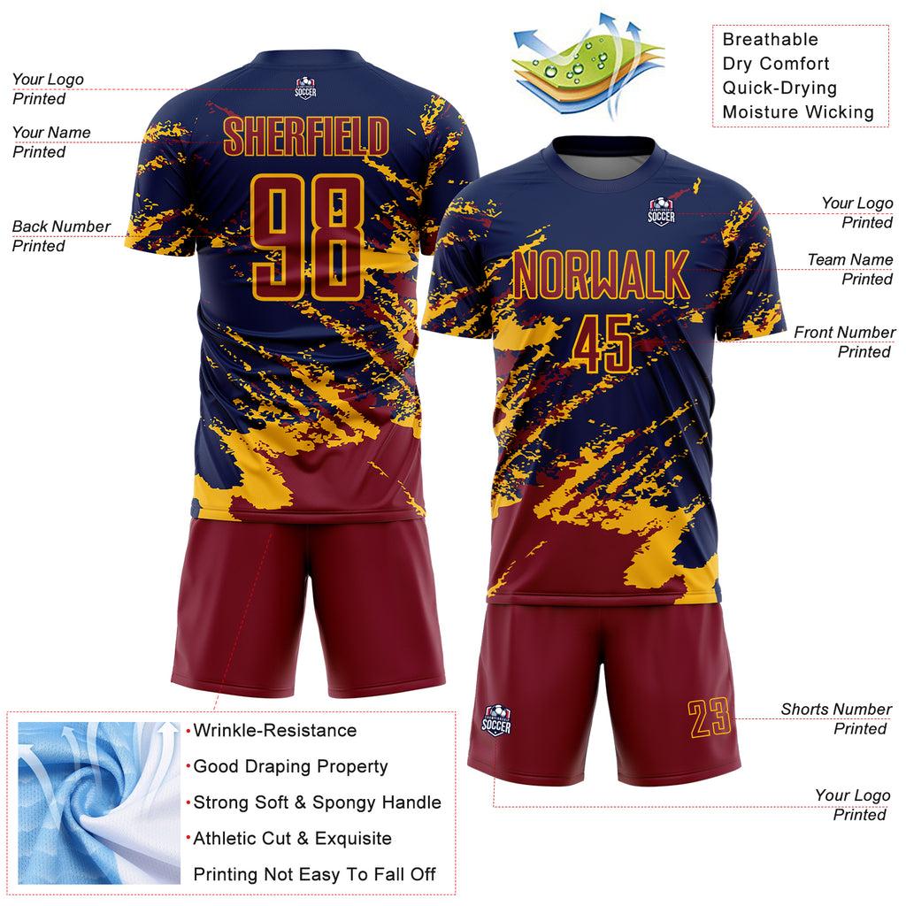 Custom Navy Crimson-Gold Abstract Fragment Art Splash Sports Sublimation Soccer Uniform Jersey