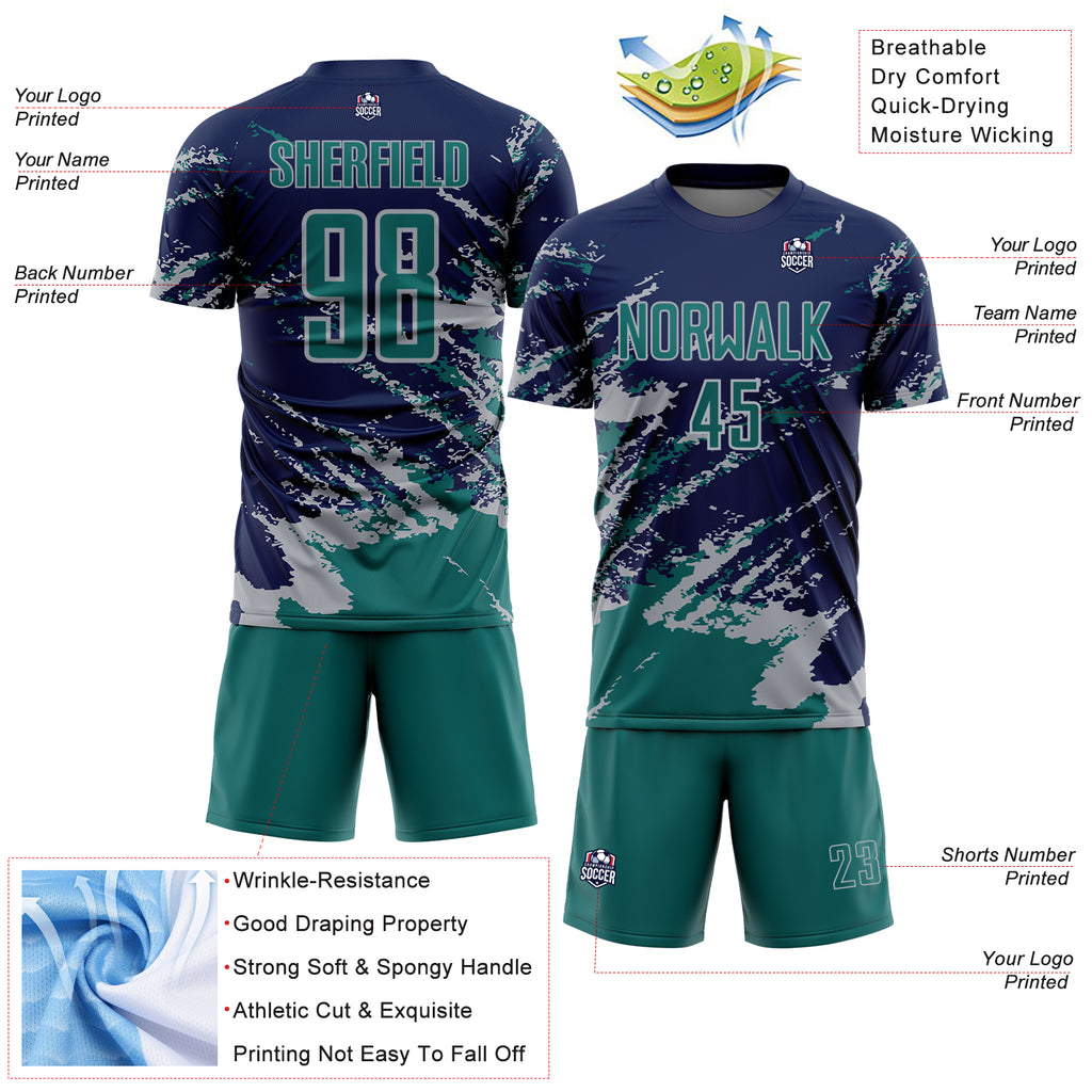 Custom Navy Teal-Gray Abstract Fragment Art Splash Sports Sublimation Soccer Uniform Jersey