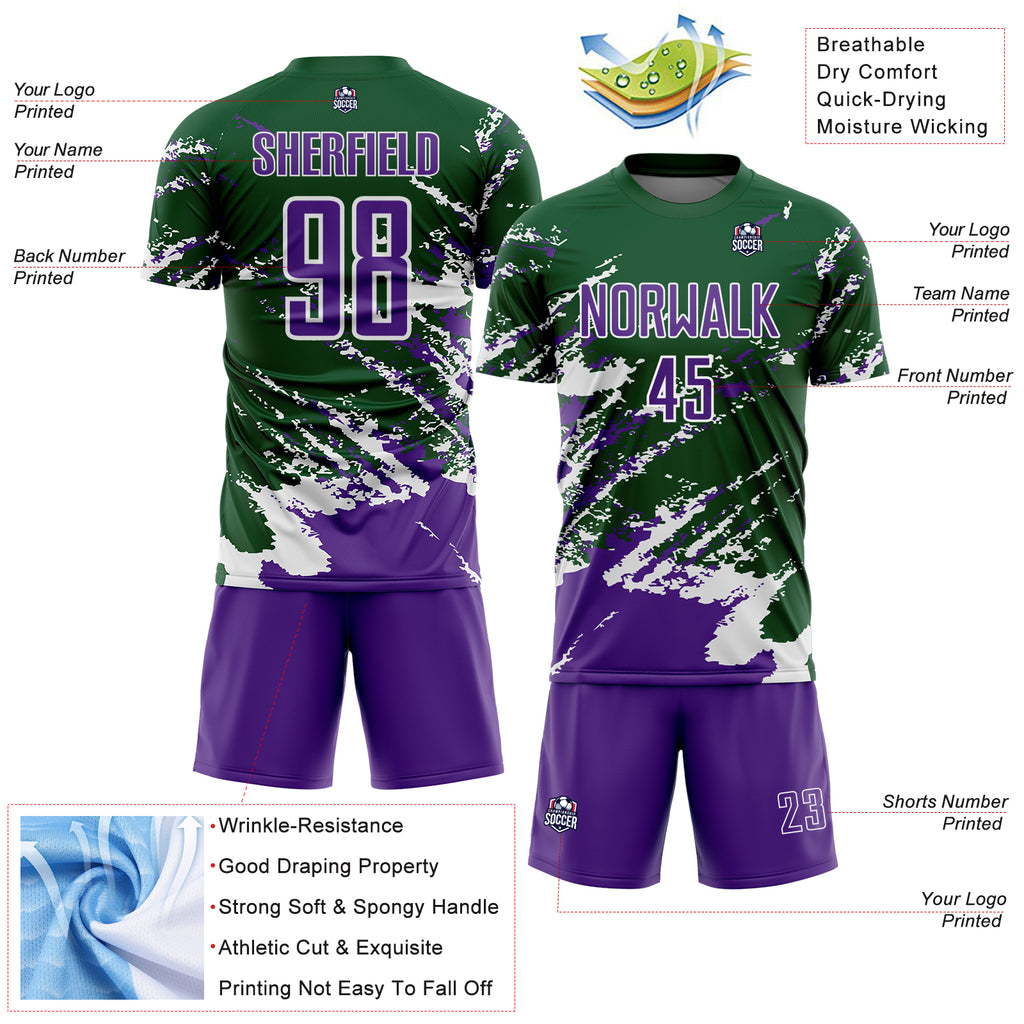 Custom Green Purple-White Abstract Fragment Art Splash Sports Sublimation Soccer Uniform Jersey
