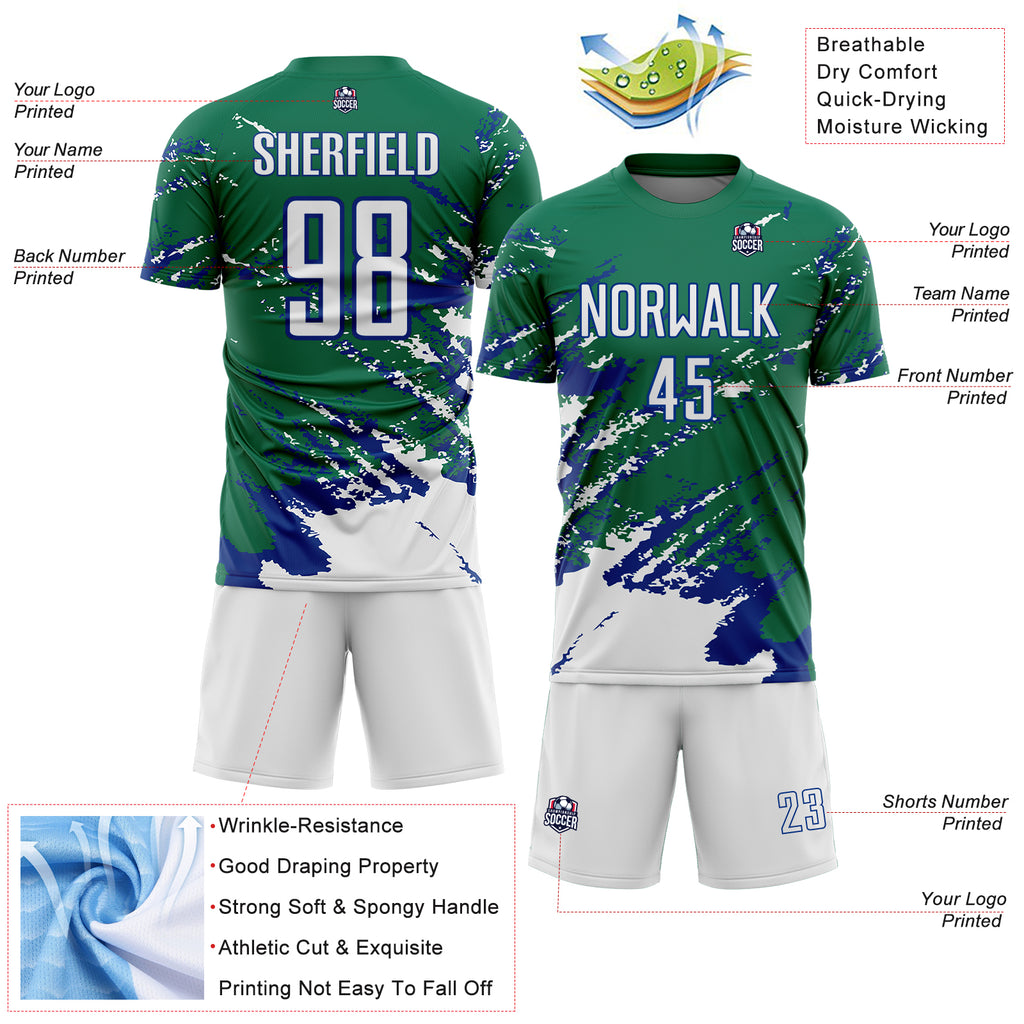Custom Kelly Green White-Royal Abstract Fragment Art Splash Sports Sublimation Soccer Uniform Jersey