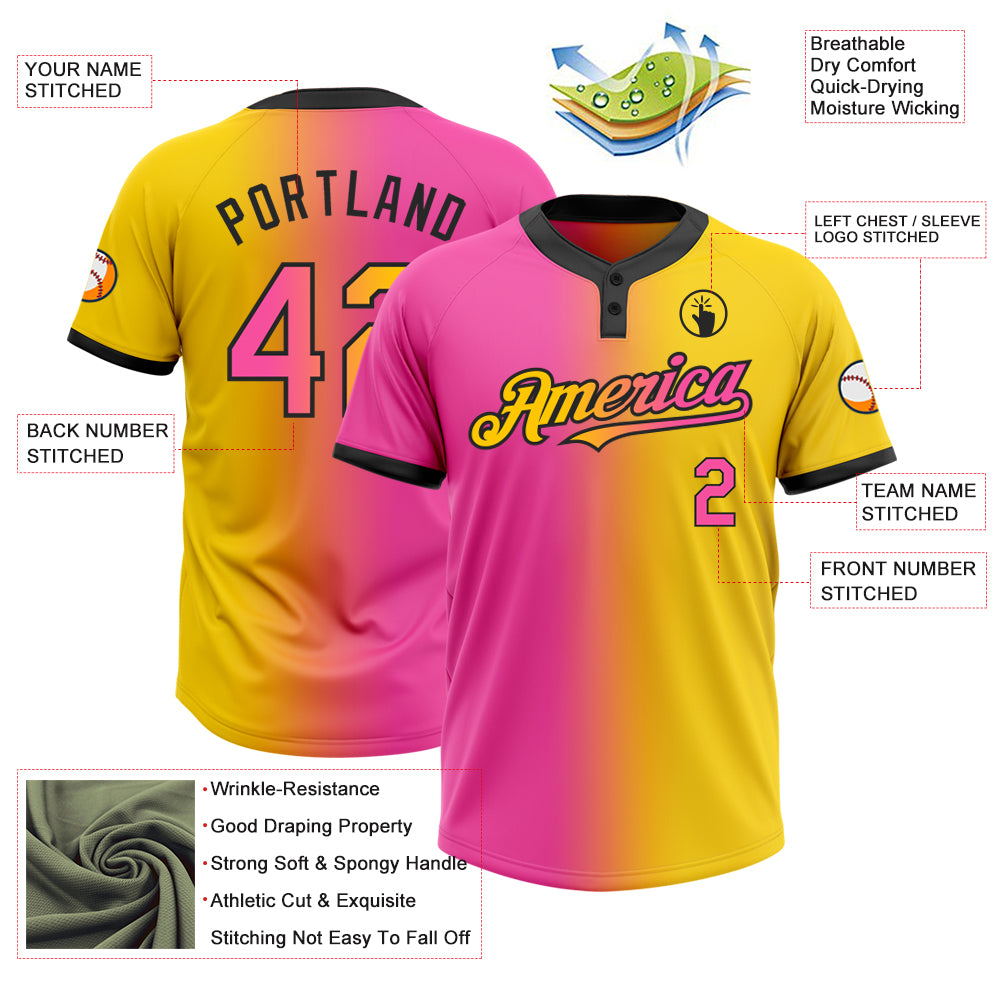 Custom Yellow Pink-Black Gradient Fashion Two-Button Unisex Softball Jersey