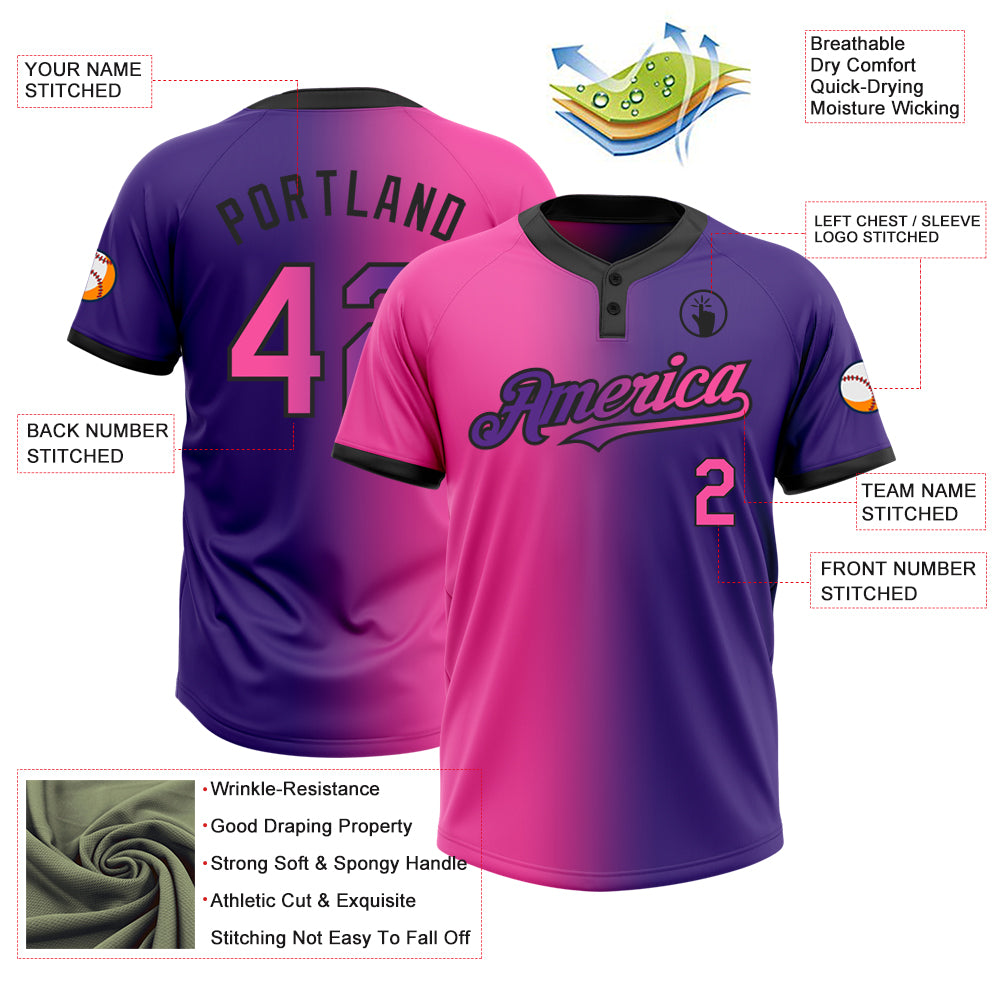 Custom Purple Pink-Black Gradient Fashion Two-Button Unisex Softball Jersey