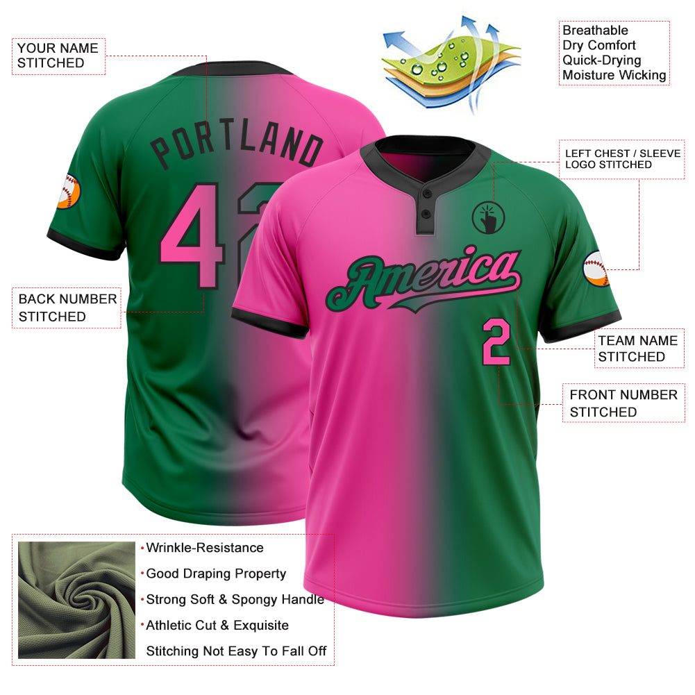 Custom Kelly Green Pink-Black Gradient Fashion Two-Button Unisex Softball Jersey