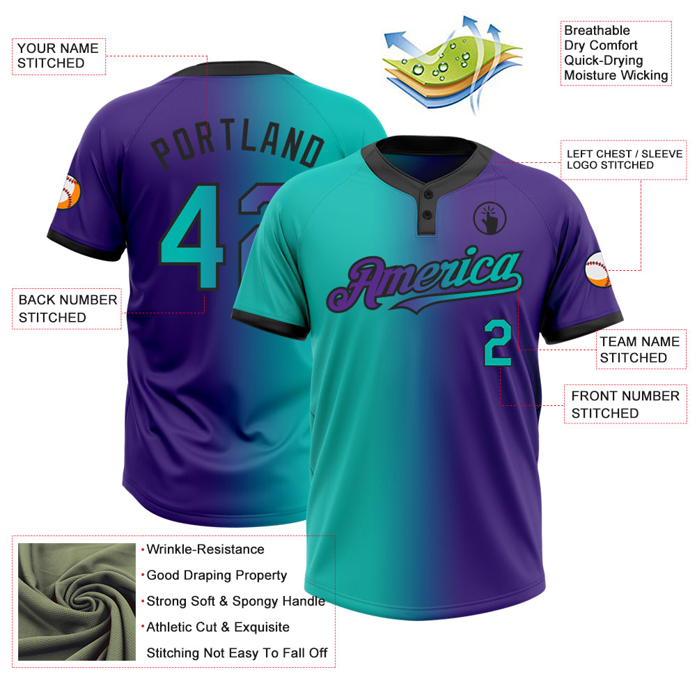Custom Purple Aqua-Black Gradient Fashion Two-Button Unisex Softball Jersey