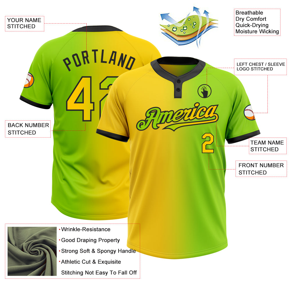 Custom Neon Green Yellow-Black Gradient Fashion Two-Button Unisex Softball Jersey