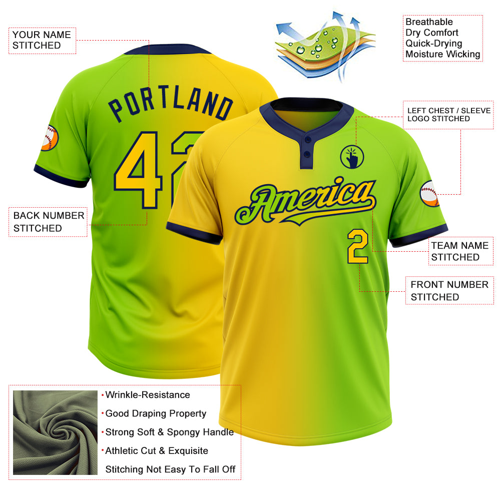 Custom Neon Green Yellow-Navy Gradient Fashion Two-Button Unisex Softball Jersey