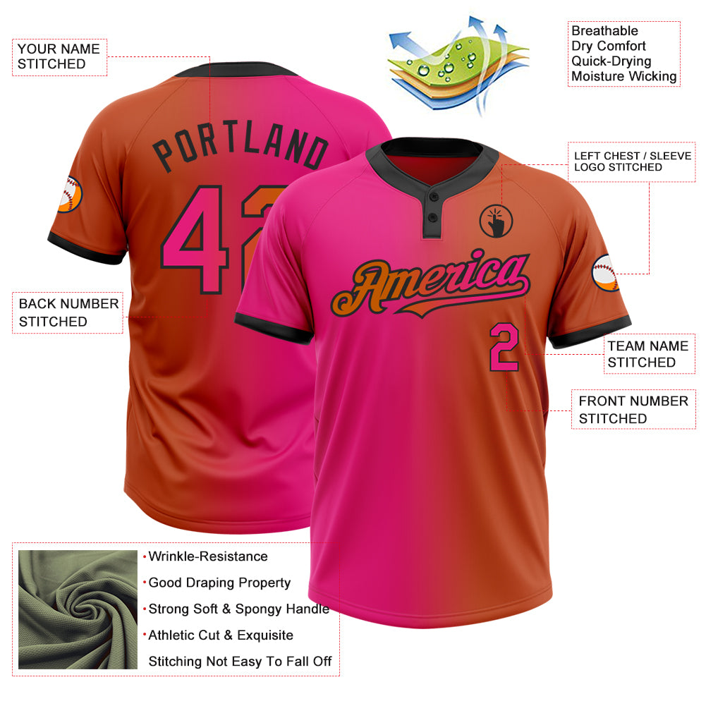 Custom Texas Orange Hot Pink-Black Gradient Fashion Two-Button Unisex Softball Jersey