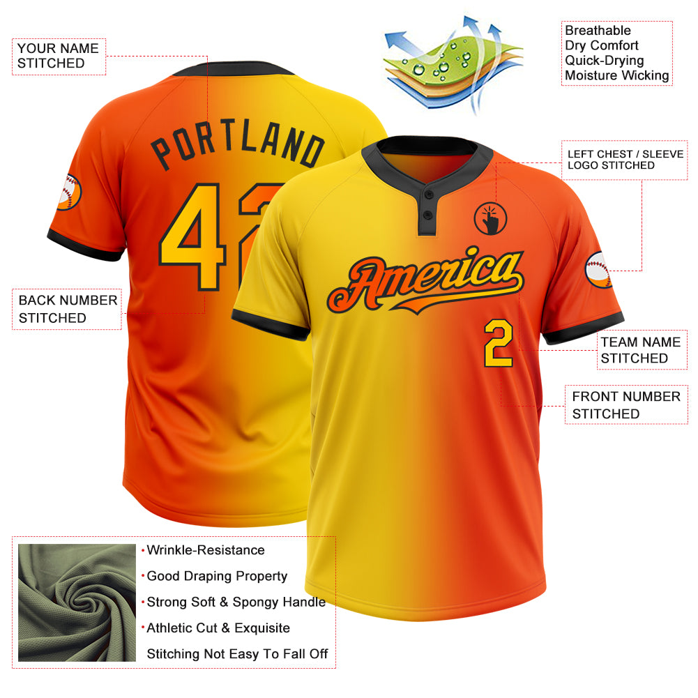 Custom Orange Yellow-Black Gradient Fashion Two-Button Unisex Softball Jersey