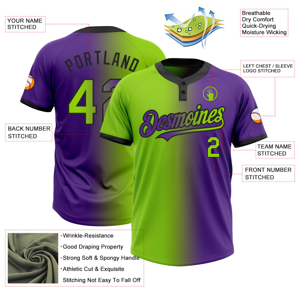 Custom Purple Neon Green-Black Gradient Fashion Two-Button Unisex Softball Jersey