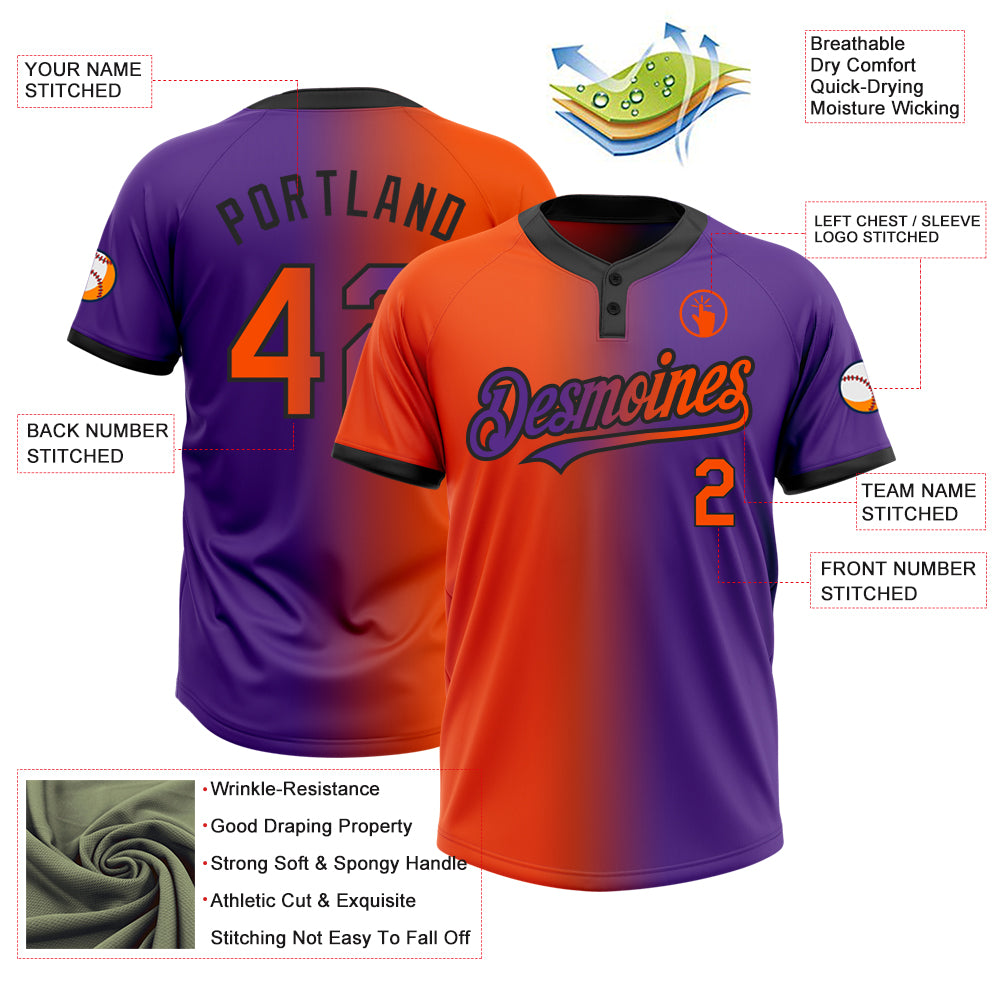 Custom Purple Orange-Black Gradient Fashion Two-Button Unisex Softball Jersey