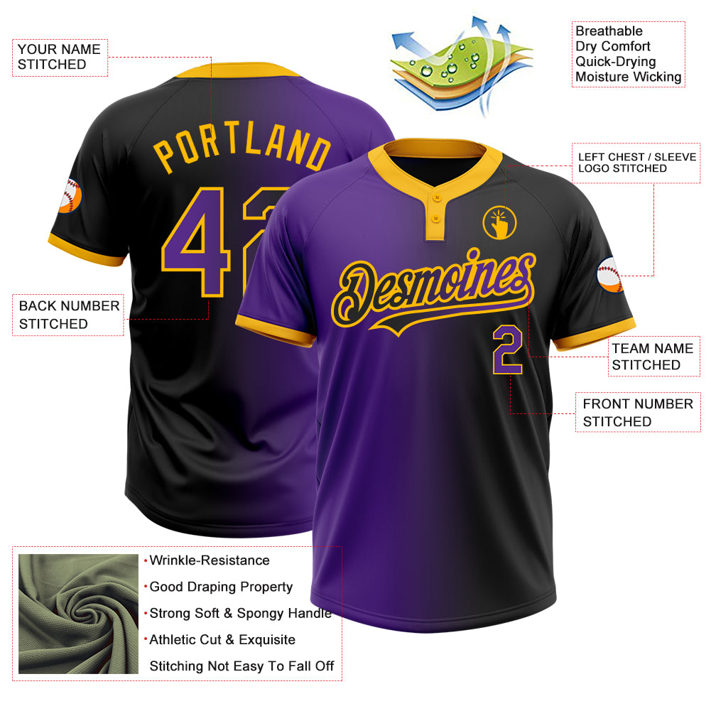 Custom Black Purple-Gold Gradient Fashion Two-Button Unisex Softball Jersey