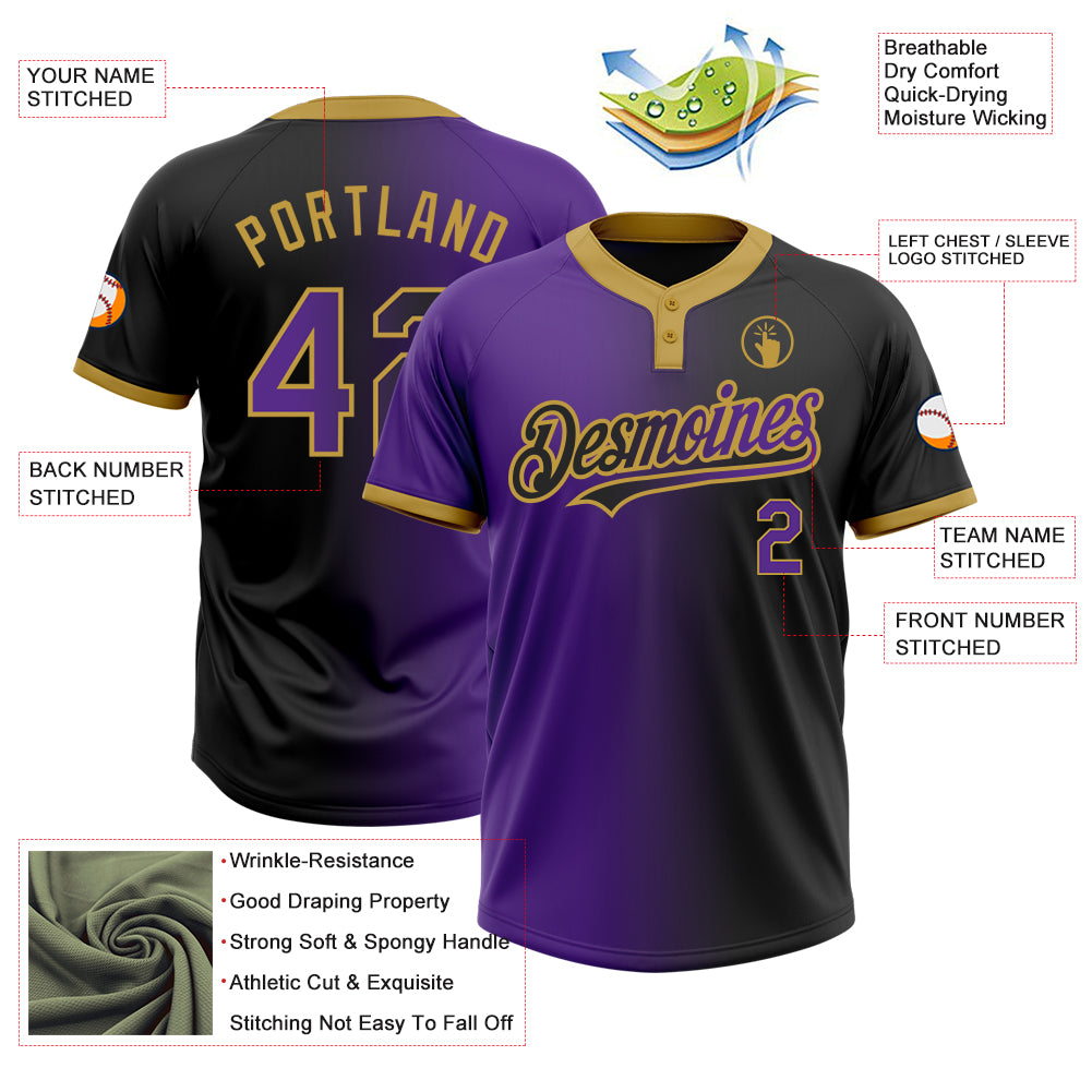 Custom Black Purple-Old Gold Gradient Fashion Two-Button Unisex Softball Jersey