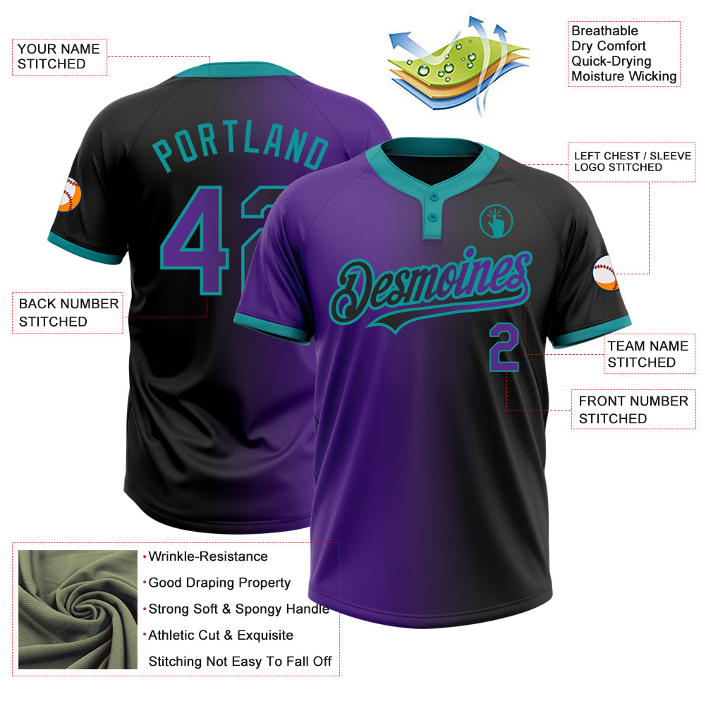 Custom Black Purple-Teal Gradient Fashion Two-Button Unisex Softball Jersey
