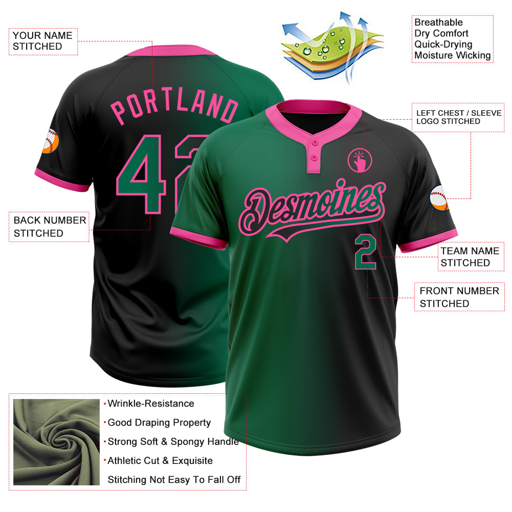 Custom Black Kelly Green-Pink Gradient Fashion Two-Button Unisex Softball Jersey