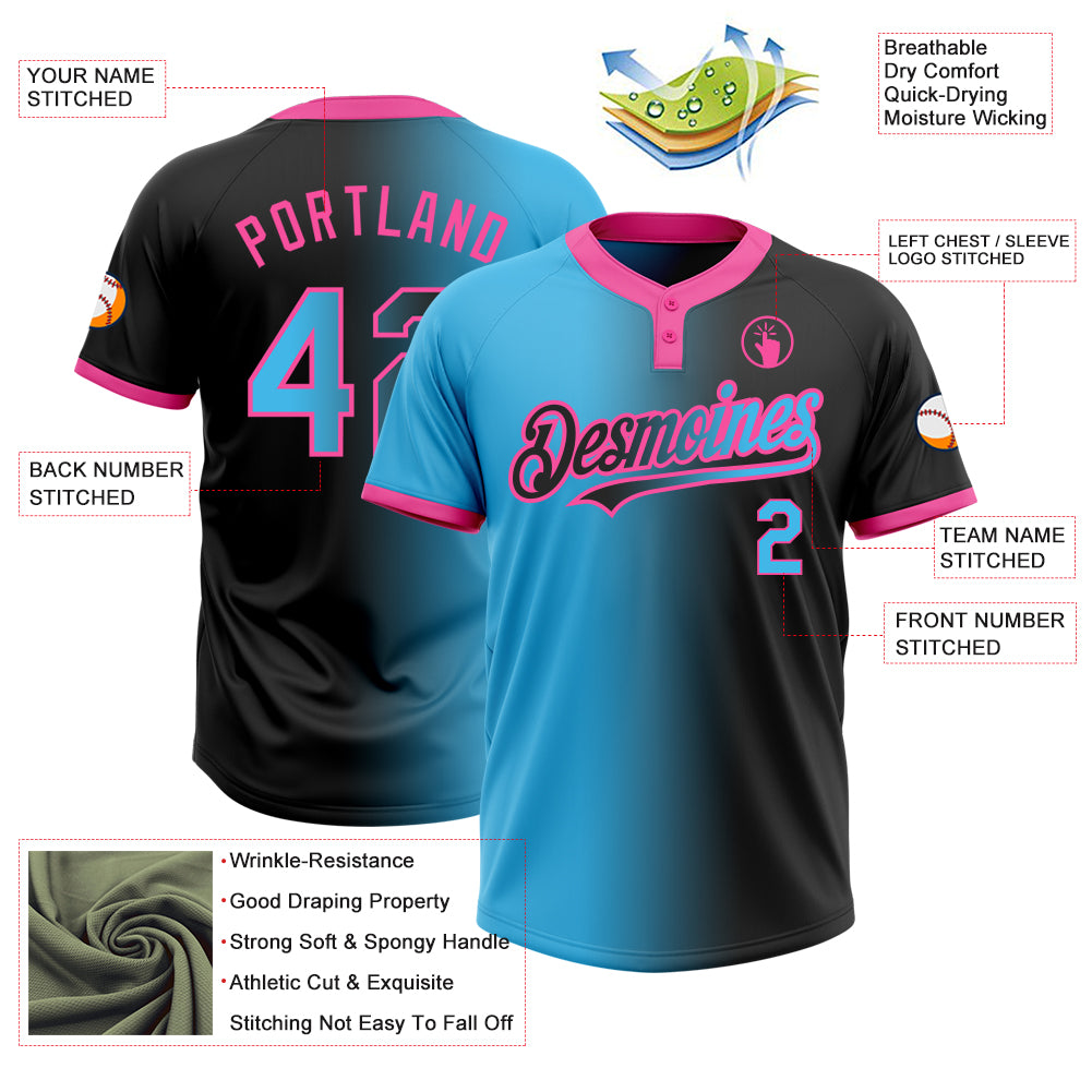 Custom Black Sky Blue-Pink Gradient Fashion Two-Button Unisex Softball Jersey