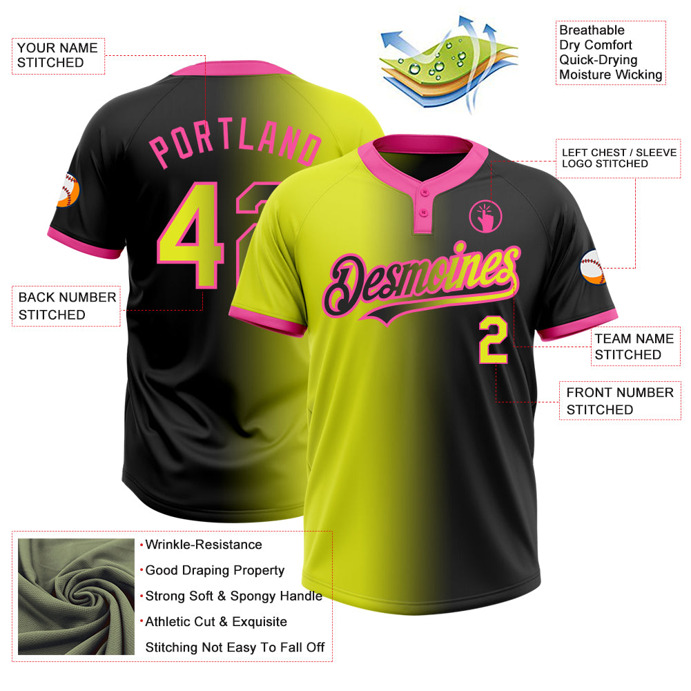 Custom Black Neon Yellow-Pink Gradient Fashion Two-Button Unisex Softball Jersey