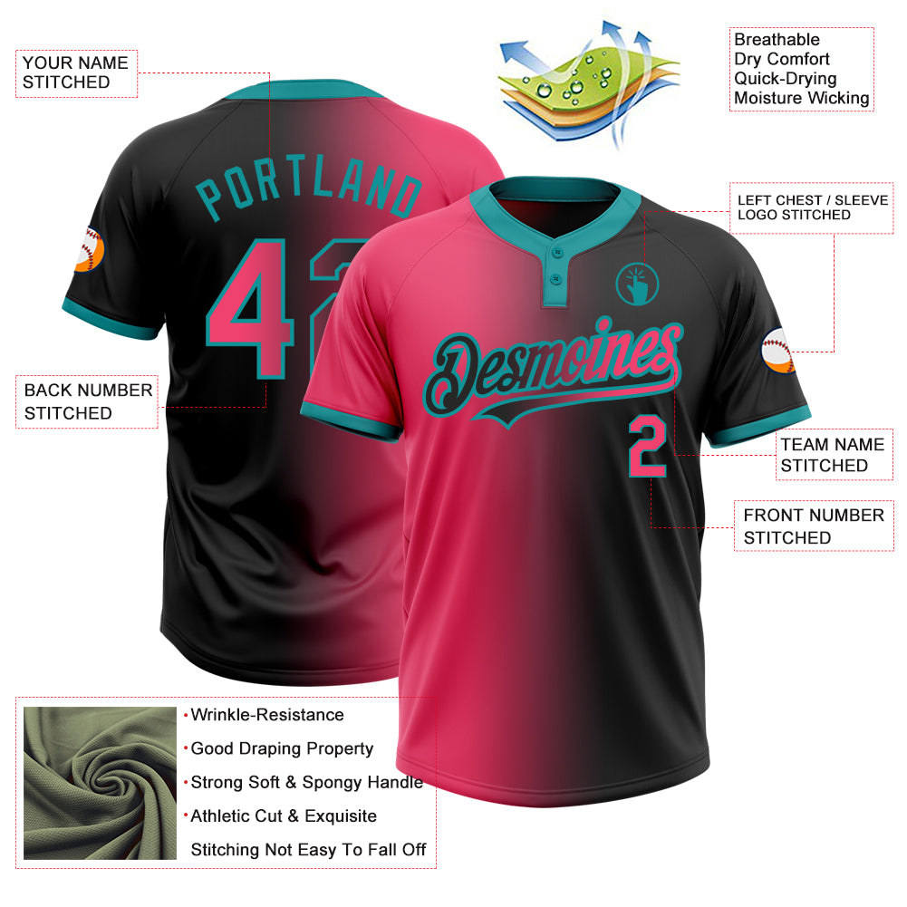 Custom Black Neon Pink-Teal Gradient Fashion Two-Button Unisex Softball Jersey